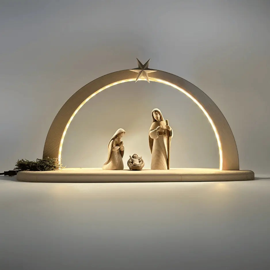 Heilige Familie (3 Figuren) von Akantus bemalt  mit Stall "Sternenschein" natur