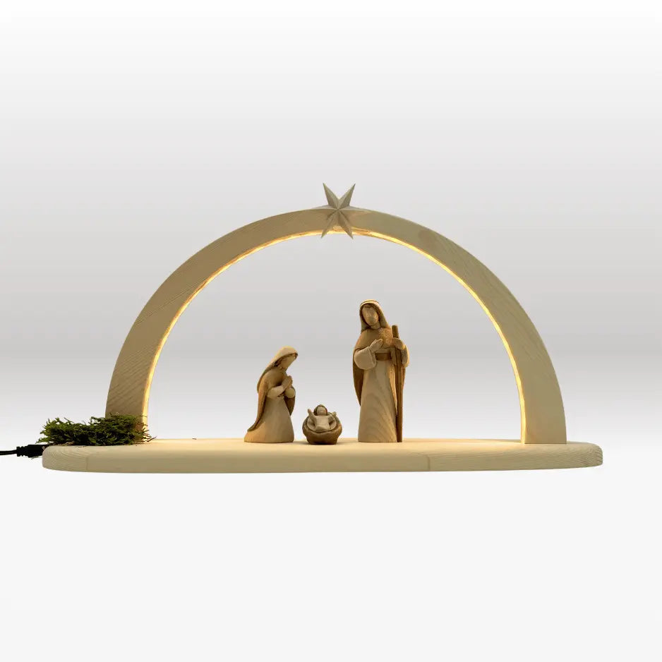 Heilige Familie (3 Figuren) von Akantus bemalt  mit Stall "Sternenschein" natur