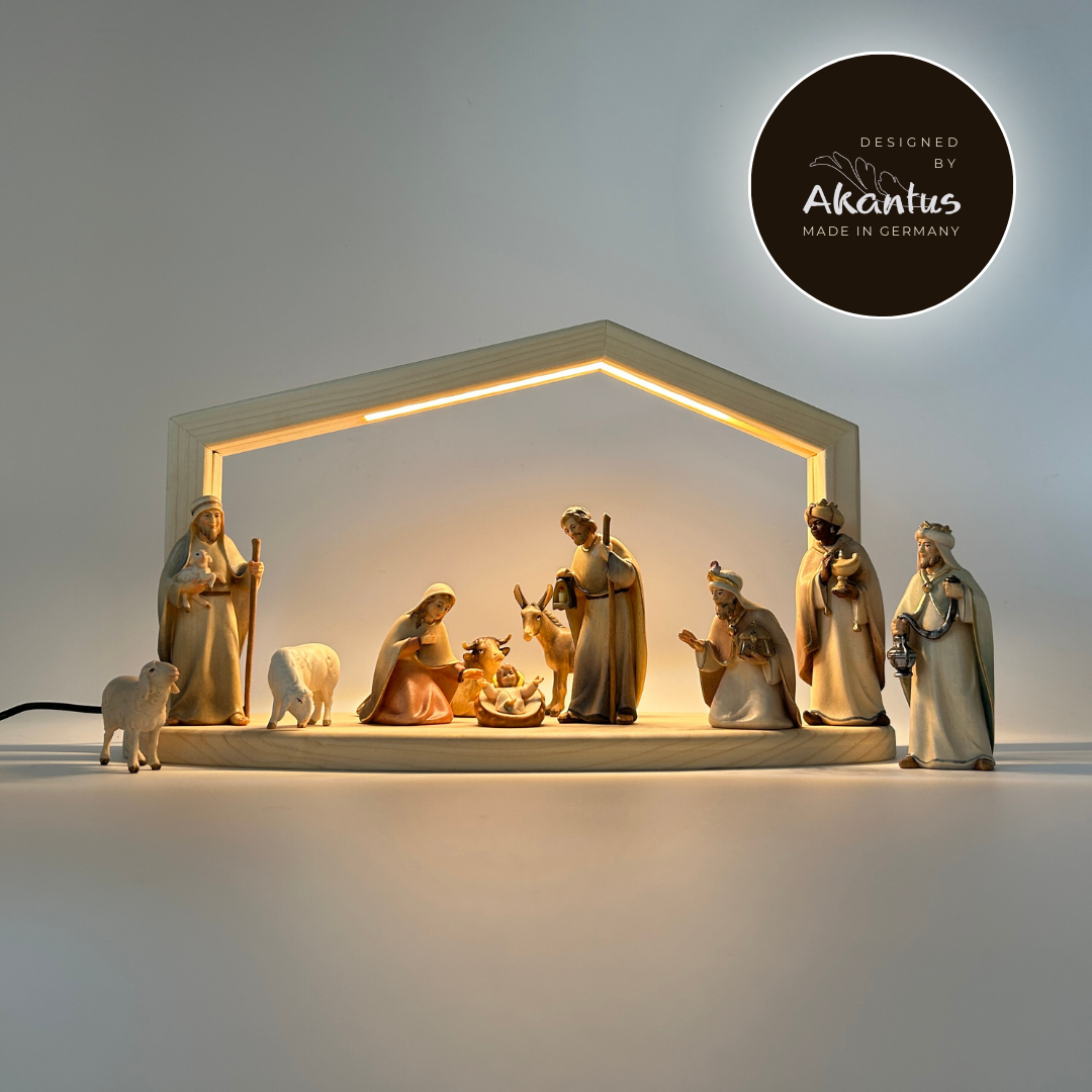 Krippenfiguren Set mit Stall "Akantus Design" natur 11 Figuren von Licht