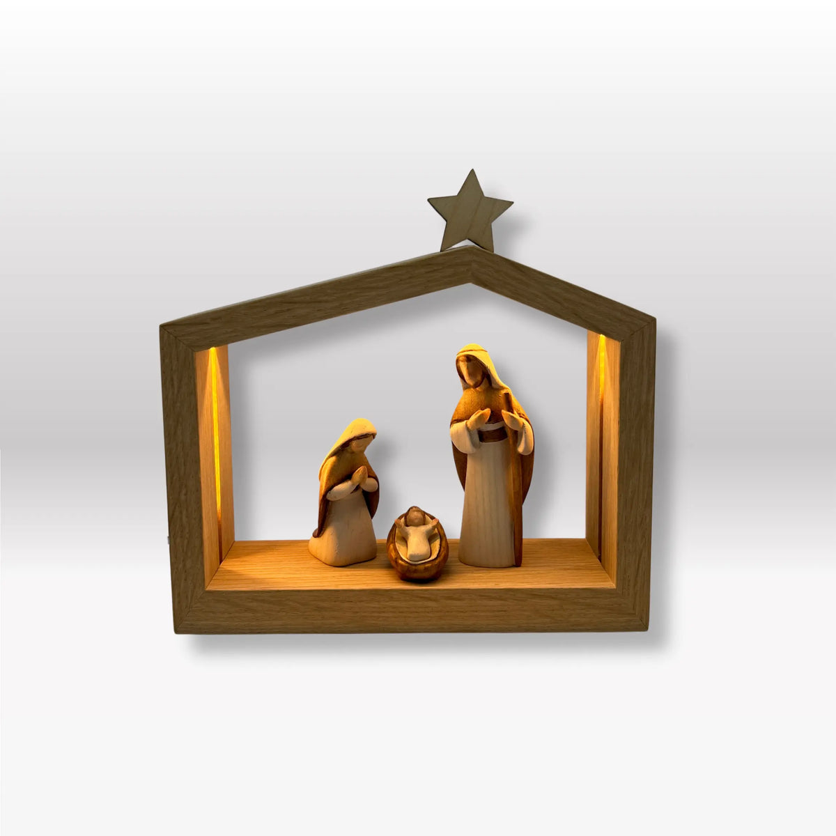 Heilige Familie (3 Figuren) von Akantus bemalt mit Familienhaus "Akantus Design" Eiche natur